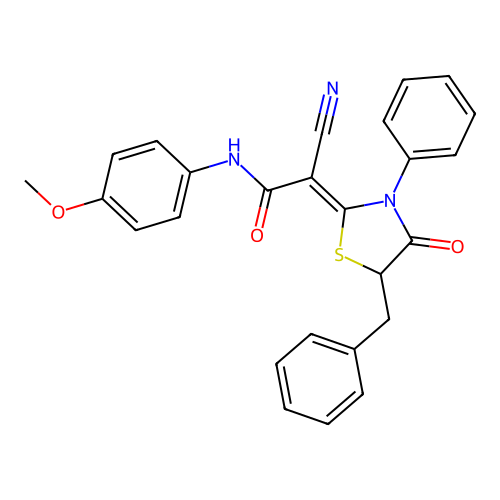(Z)-2-(5-benzyl-4-oxo-3-phenylthiazolidin-2-ylidene)-2-cyano-N-(4-methoxyphenyl)acetamide structure