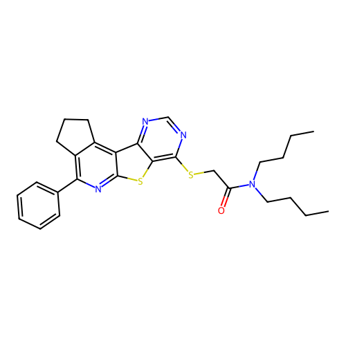 N,N-dibutyl-2-((4-phenyl-2,3-dihydro-1H-cyclopenta[4',5']pyrido[3',2':4,5]thieno[3,2-d]pyrimidin-7-yl)thio)acetamide structure