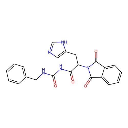 N-(benzylcarbamoyl)-2-(1,3-dioxoisoindol-2-yl)-3-(1H-imidazol-5-yl)propanamide structure