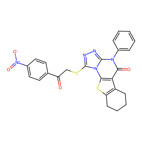 1-((2-(4-nitrophenyl)-2-oxoethyl)thio)-4-phenyl-6,7,8,9-tetrahydrobenzo[4,5]thieno[3,2-e][1,2,4]triazolo[4,3-a]pyrimidin-5(4H)-one structure