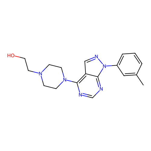 2-{4-[1-(3-methylphenyl)-1H-pyrazolo[3,4-d]pyrimidin-4-yl]piperazin-1-yl}ethanol structure