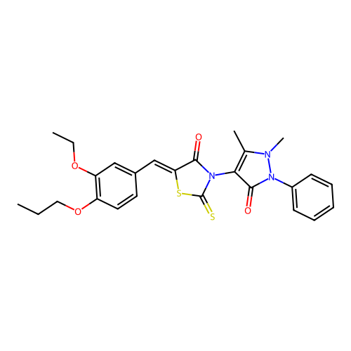 (5Z)-3-(1,5-dimethyl-3-oxo-2-phenylpyrazol-4-yl)-5-[(3-ethoxy-4-propoxyphenyl)methylidene]-2-sulfanylidene-1,3-thiazolidin-4-one structure