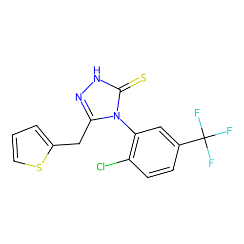 4-[2-chloro-5-(trifluoromethyl)phenyl]-3-(thiophen-2-ylmethyl)-1H-1,2,4-triazole-5-thione structure