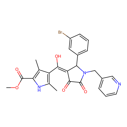 methyl 4-(2-(3-bromophenyl)-4-hydroxy-5-oxo-1-(pyridin-3-ylmethyl)-2,5-dihydro-1H-pyrrole-3-carbonyl)-3,5-dimethyl-1H-pyrrole-2-carboxylate structure