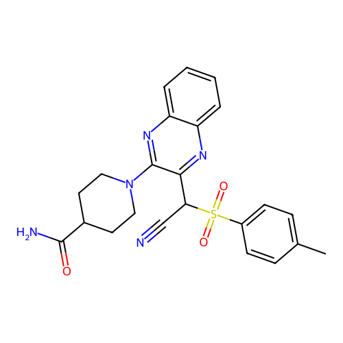 1-(3-(cyano(tosyl)methyl)quinoxalin-2-yl)piperidine-4-carboxamide structure
