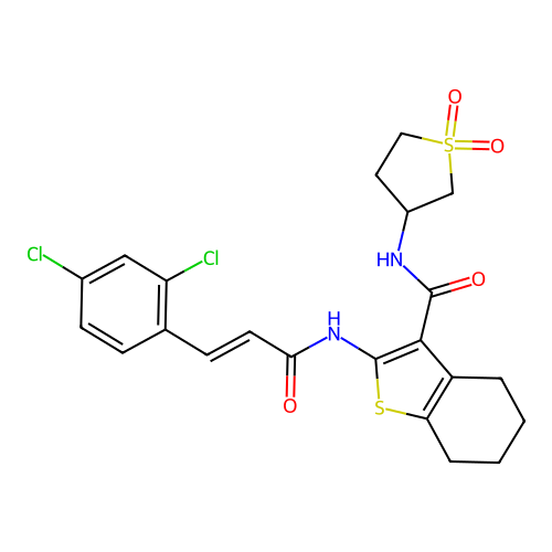 2-{[(2E)-3-(2,4-dichlorophenyl)prop-2-enoyl]amino}-N-(1,1-dioxidotetrahydrothiophen-3-yl)-4,5,6,7-tetrahydro-1-benzothiophene-3-carboxamide structure