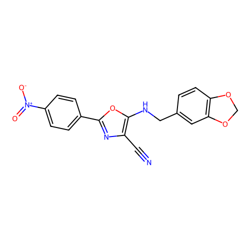 5-((benzo[d][1,3]dioxol-5-ylmethyl)amino)-2-(4-nitrophenyl)oxazole-4-carbonitrile structure
