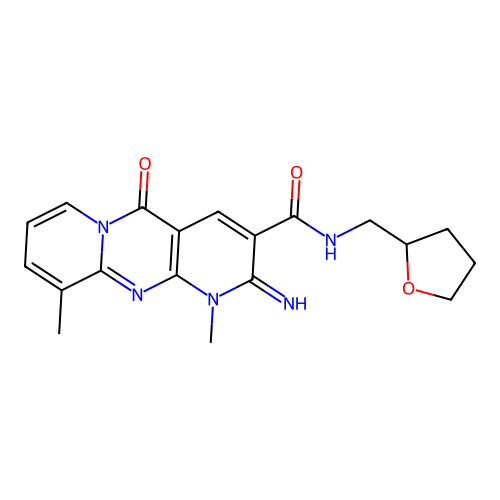2-imino-1,10-dimethyl-5-oxo-N-((tetrahydrofuran-2-yl)methyl)-2,5-dihydro-1H-dipyrido[1,2-a:2',3'-d]pyrimidine-3-carboxamide structure