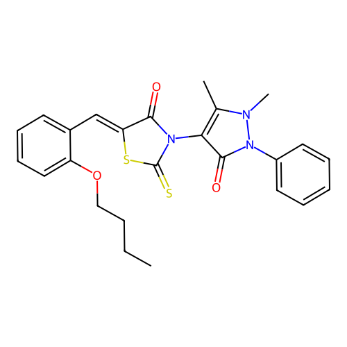 (5Z)-5-[(2-butoxyphenyl)methylidene]-3-(1,5-dimethyl-3-oxo-2-phenylpyrazol-4-yl)-2-sulfanylidene-1,3-thiazolidin-4-one structure