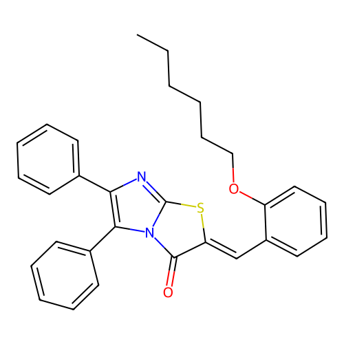 (2Z)-2-[2-(hexyloxy)benzylidene]-5,6-diphenylimidazo[2,1-b][1,3]thiazol-3(2H)-one structure