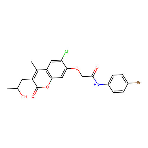 N-(4-bromophenyl)-2-[6-chloro-3-(2-hydroxypropyl)-4-methyl-2-oxochromen-7-yl]oxyacetamide structure