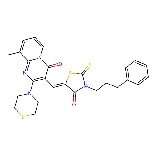 9-methyl-3-{(Z)-[4-oxo-3-(3-phenylpropyl)-2-thioxo-1,3-thiazolidin-5-ylidene]methyl}-2-(thiomorpholin-4-yl)-4H-pyrido[1,2-a]pyrimidin-4-one structure