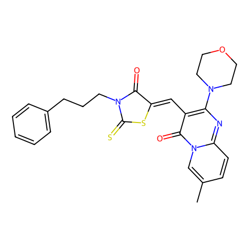 7-methyl-2-(morpholin-4-yl)-3-{(Z)-[4-oxo-3-(3-phenylpropyl)-2-thioxo-1,3-thiazolidin-5-ylidene]methyl}-4H-pyrido[1,2-a]pyrimidin-4-one structure