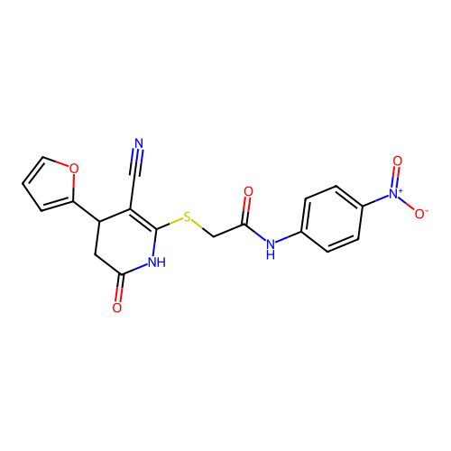 2-((3-cyano-4-(furan-2-yl)-6-oxo-1,4,5,6-tetrahydropyridin-2-yl)thio)-N-(4-nitrophenyl)acetamide structure