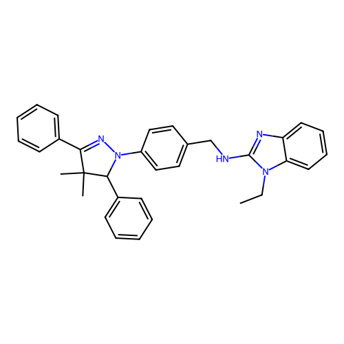 N-(4-(4,4-dimethyl-3,5-diphenyl-4,5-dihydro-1H-pyrazol-1-yl)benzyl)-1-ethyl-1H-benzo[d]imidazol-2-amine structure