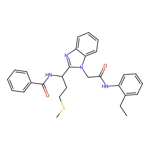 N-[1-[1-[2-(2-ethylanilino)-2-oxoethyl]benzimidazol-2-yl]-3-methylsulfanylpropyl]benzamide structure
