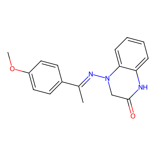 (E)-4-((1-(4-methoxyphenyl)ethylidene)amino)-3,4-dihydroquinoxalin-2(1H)-one structure