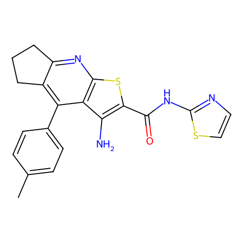 3-amino-4-(4-methylphenyl)-N-(1,3-thiazol-2-yl)-6,7-dihydro-5H-cyclopenta[b]thieno[3,2-e]pyridine-2-carboxamide structure