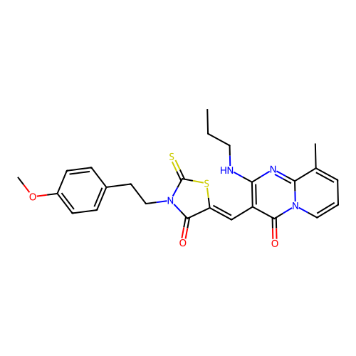 (Z)-3-(4-methoxyphenethyl)-5-((9-methyl-4-oxo-2-(propylamino)-4H-pyrido[1,2-a]pyrimidin-3-yl)methylene)-2-thioxothiazolidin-4-one structure