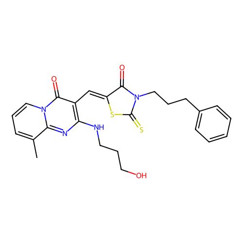 (Z)-5-((2-((3-hydroxypropyl)amino)-9-methyl-4-oxo-4H-pyrido[1,2-a]pyrimidin-3-yl)methylene)-3-(3-phenylpropyl)-2-thioxothiazolidin-4-one structure
