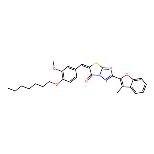 (E)-5-(4-(heptyloxy)-3-methoxybenzylidene)-2-(3-methylbenzofuran-2-yl)thiazolo[3,2-b][1,2,4]triazol-6(5H)-one structure