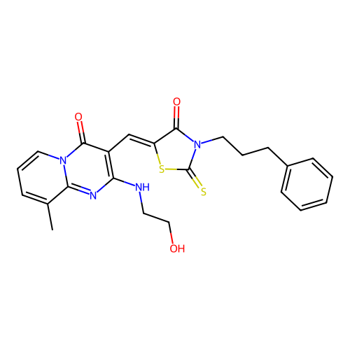 2-[(2-hydroxyethyl)amino]-9-methyl-3-{(Z)-[4-oxo-3-(3-phenylpropyl)-2-thioxo-1,3-thiazolidin-5-ylidene]methyl}-4H-pyrido[1,2-a]pyrimidin-4-one structure