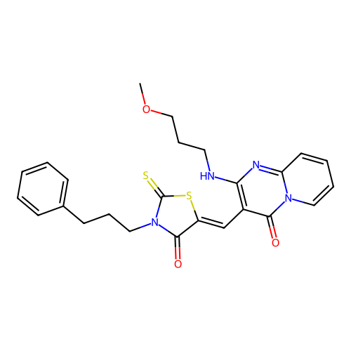 2-[(3-methoxypropyl)amino]-3-{(Z)-[4-oxo-3-(3-phenylpropyl)-2-thioxo-1,3-thiazolidin-5-ylidene]methyl}-4H-pyrido[1,2-a]pyrimidin-4-one structure