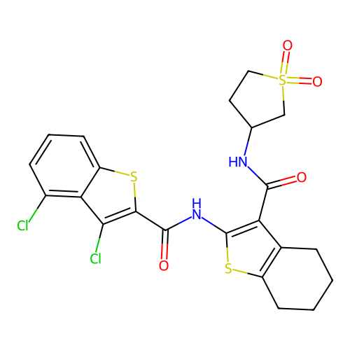 3,4-dichloro-N-{3-[(1,1-dioxidotetrahydrothiophen-3-yl)carbamoyl]-4,5,6,7-tetrahydro-1-benzothiophen-2-yl}-1-benzothiophene-2-carboxamide structure