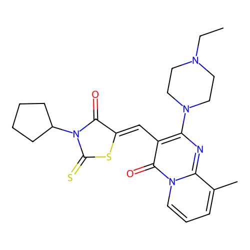 3-[(Z)-(3-cyclopentyl-4-oxo-2-thioxo-1,3-thiazolidin-5-ylidene)methyl]-2-(4-ethylpiperazin-1-yl)-9-methyl-4H-pyrido[1,2-a]pyrimidin-4-one structure