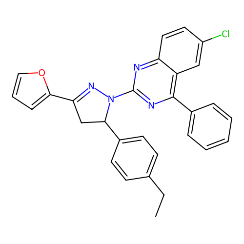 6-chloro-2-[5-(4-ethylphenyl)-3-(2-furyl)-4,5-dihydropyrazol-1-yl]-4-phenyl-quinazoline structure