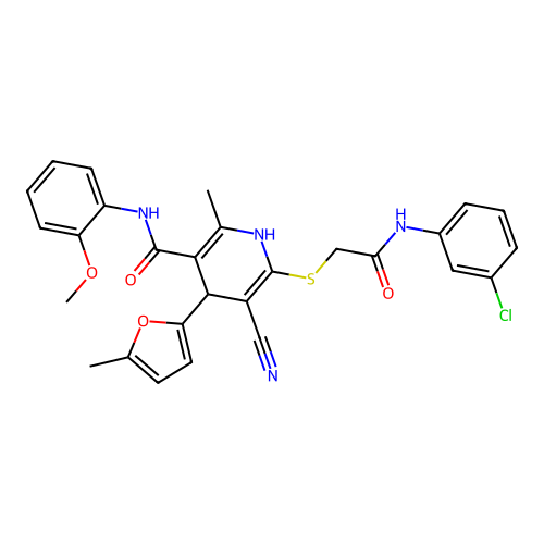 6-((2-((3-chlorophenyl)amino)-2-oxoethyl)thio)-5-cyano-N-(2-methoxyphenyl)-2-methyl-4-(5-methylfuran-2-yl)-1,4-dihydropyridine-3-carboxamide structure