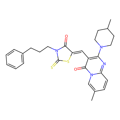 7-methyl-2-(4-methylpiperidin-1-yl)-3-{(Z)-[4-oxo-3-(3-phenylpropyl)-2-thioxo-1,3-thiazolidin-5-ylidene]methyl}-4H-pyrido[1,2-a]pyrimidin-4-one structure