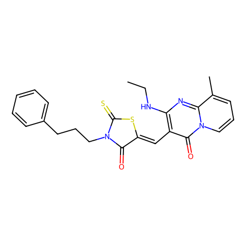 2-(ethylamino)-9-methyl-3-{(Z)-[4-oxo-3-(3-phenylpropyl)-2-thioxo-1,3-thiazolidin-5-ylidene]methyl}-4H-pyrido[1,2-a]pyrimidin-4-one structure