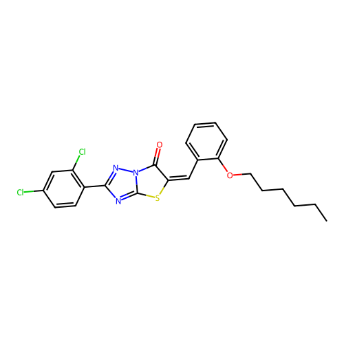 (5E)-2-(2,4-dichlorophenyl)-5-[2-(hexyloxy)benzylidene][1,3]thiazolo[3,2-b][1,2,4]triazol-6(5H)-one structure