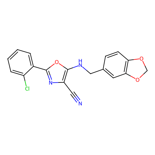 5-((benzo[d][1,3]dioxol-5-ylmethyl)amino)-2-(2-chlorophenyl)oxazole-4-carbonitrile structure