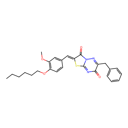 (2Z)-6-benzyl-2-[4-(hexyloxy)-3-methoxybenzylidene]-7H-[1,3]thiazolo[3,2-b][1,2,4]triazine-3,7(2H)-dione structure