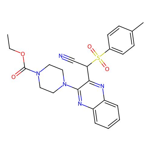 ethyl 4-[3-[cyano-(4-methylphenyl)sulfonylmethyl]quinoxalin-2-yl]piperazine-1-carboxylate structure
