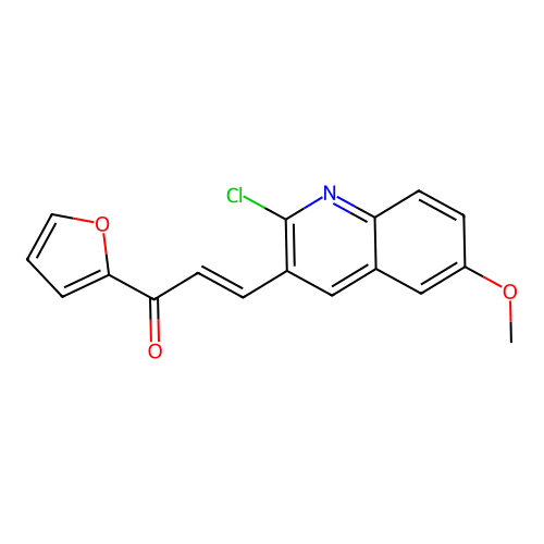 (E)-3-(2-chloro-6-methoxyquinolin-3-yl)-1-(furan-2-yl)prop-2-en-1-one structure