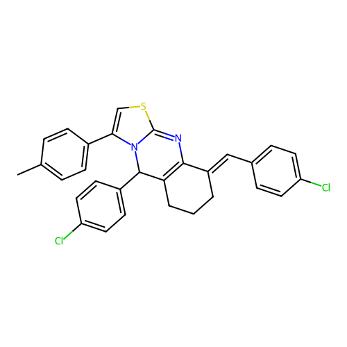 (9E)-5-(4-chlorophenyl)-9-[(4-chlorophenyl)methylidene]-3-(4-methylphenyl)-5,6,7,8-tetrahydro-[1,3]thiazolo[2,3-b]quinazoline structure