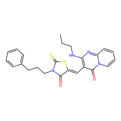 3-{(Z)-[4-oxo-3-(3-phenylpropyl)-2-thioxo-1,3-thiazolidin-5-ylidene]methyl}-2-(propylamino)-4H-pyrido[1,2-a]pyrimidin-4-one structure