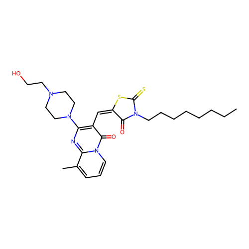 (E)-5-((2-(4-(2-hydroxyethyl)piperazin-1-yl)-9-methyl-4-oxo-4H-pyrido[1,2-a]pyrimidin-3-yl)methylene)-3-octyl-2-thioxothiazolidin-4-one structure