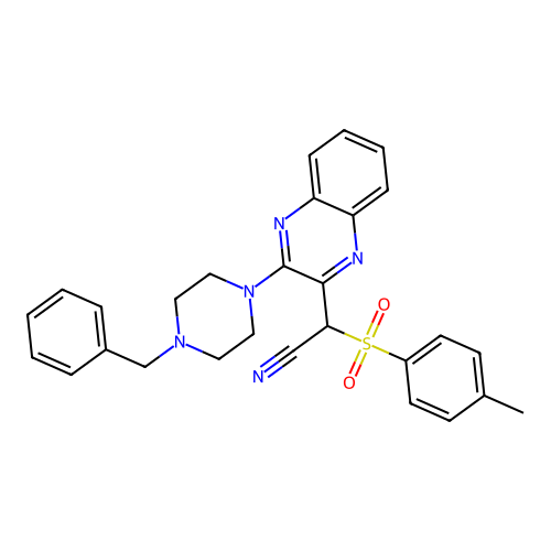 2-(3-(4-benzylpiperazin-1-yl)quinoxalin-2-yl)-2-tosylacetonitrile structure