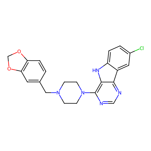 4-[4-(1,3-benzodioxol-5-ylmethyl)piperazin-1-yl]-8-chloro-5H-pyrimido[5,4-b]indole structure