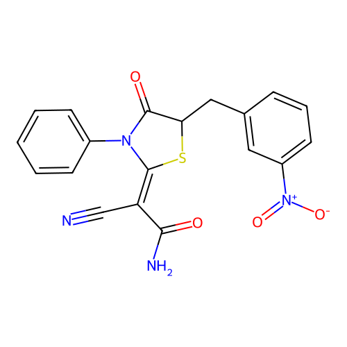 (Z)-2-cyano-2-(5-(3-nitrobenzyl)-4-oxo-3-phenylthiazolidin-2-ylidene)acetamide structure