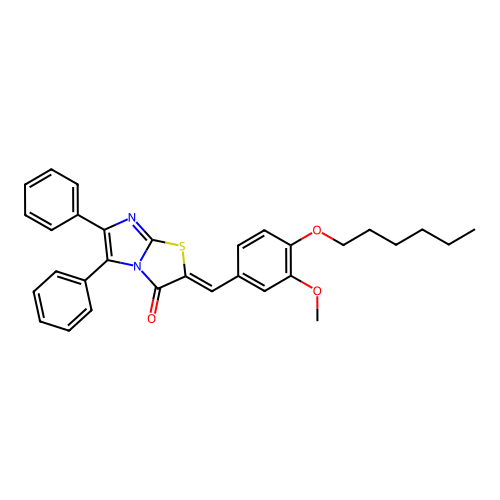 (Z)-2-(4-(hexyloxy)-3-methoxybenzylidene)-5,6-diphenylimidazo[2,1-b]thiazol-3(2H)-one structure