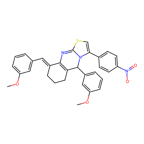 (E)-9-(3-methoxybenzylidene)-5-(3-methoxyphenyl)-3-(4-nitrophenyl)-6,7,8,9-tetrahydro-5H-thiazolo[2,3-b]quinazoline structure