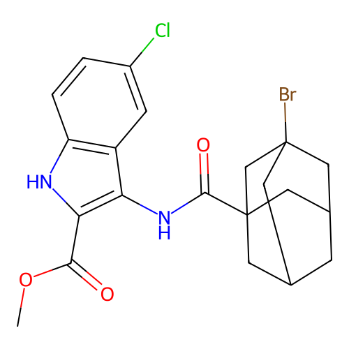 methyl 3-((1S,5R)-3-bromoadamantane-1-carboxamido)-5-chloro-1H-indole-2-carboxylate structure