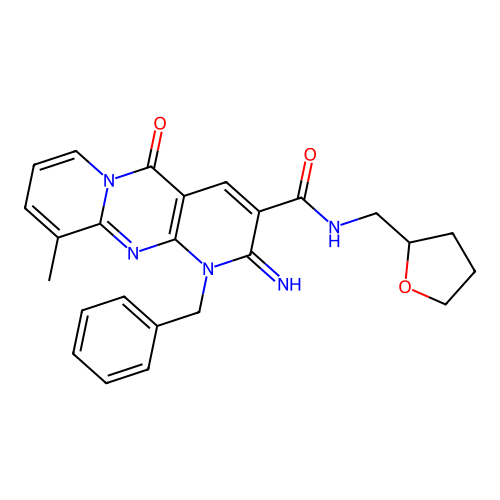 [2-imino-10-methyl-5-oxo-1-benzyl(1,6-dihydropyridino[2,3-d]pyridino[1,2-a]pyr imidin-3-yl)]-N-(oxolan-2-ylmethyl)carboxamide structure