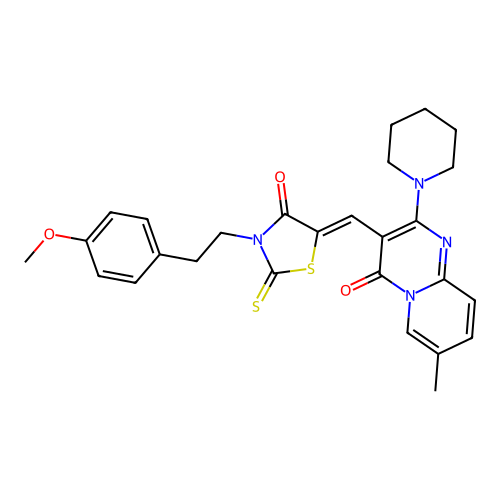 3-[(Z)-{3-[2-(4-methoxyphenyl)ethyl]-4-oxo-2-thioxo-1,3-thiazolidin-5-ylidene}methyl]-7-methyl-2-(piperidin-1-yl)-4H-pyrido[1,2-a]pyrimidin-4-one structure