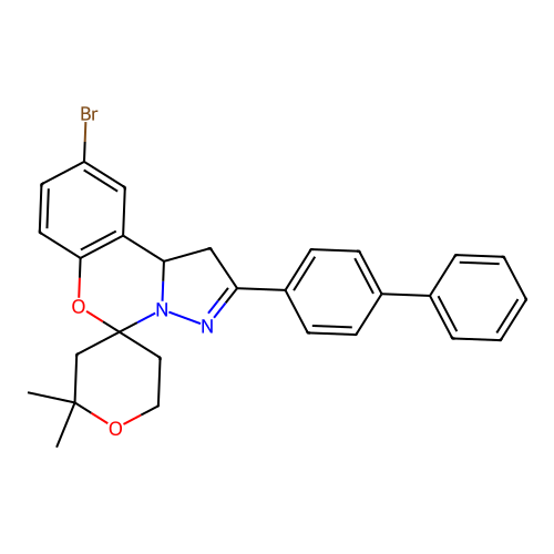 2'-(biphenyl-4-yl)-9'-bromo-2,2-dimethyl-1',2,3,5,6,10b'-hexahydrospiro[pyran-4,5'-pyrazolo[1,5-c][1,3]benzoxazine] structure
